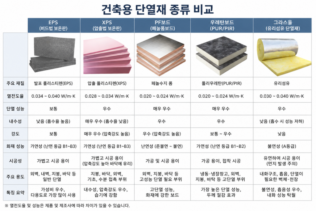 건축용 단열재 종류 비교표