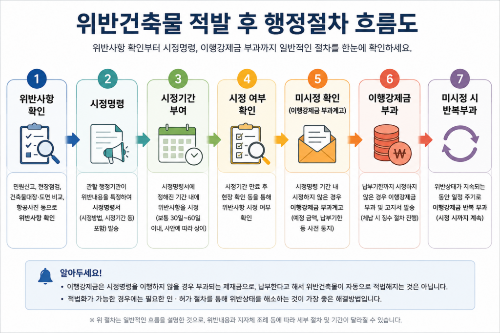위반건축물 적발 후 행정절차 순서도