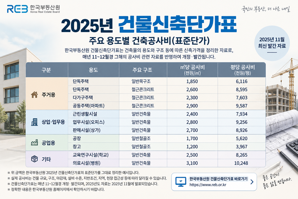 2025년도 건물신축단가표 용도별 평균값